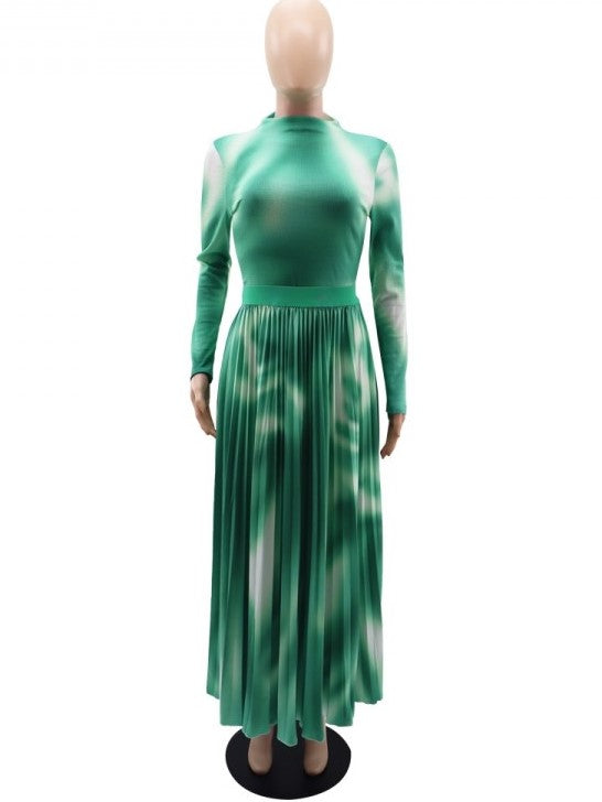 Smart Ruched Long Sleeve Top With Green Skirt Set