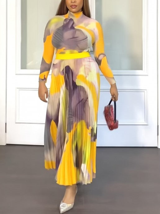 Smart Ruched Long Sleeve Top With Yellow Skirt Set - Ships in 24Hrs