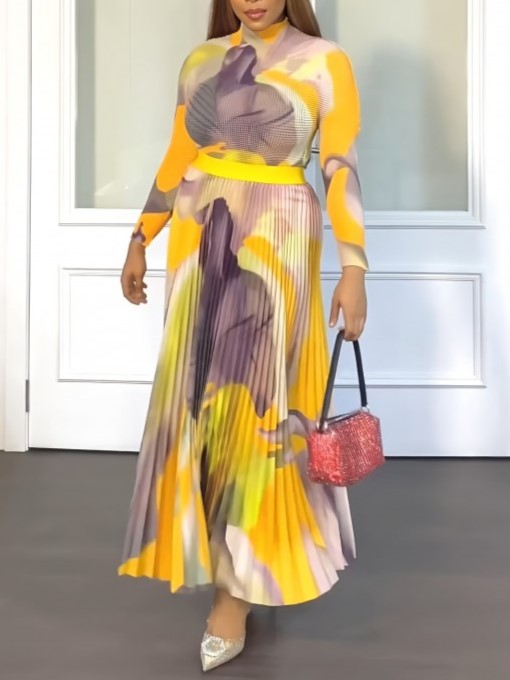 Smart Ruched Long Sleeve Top With Yellow Skirt Set - Ships in 24Hrs