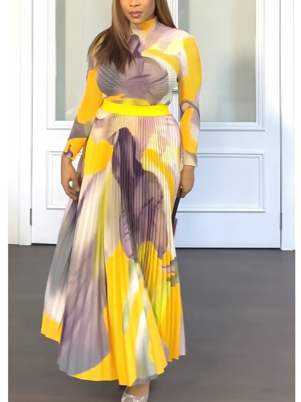 Smart Ruched Long Sleeve Top With Yellow Skirt Set - Ships in 24Hrs