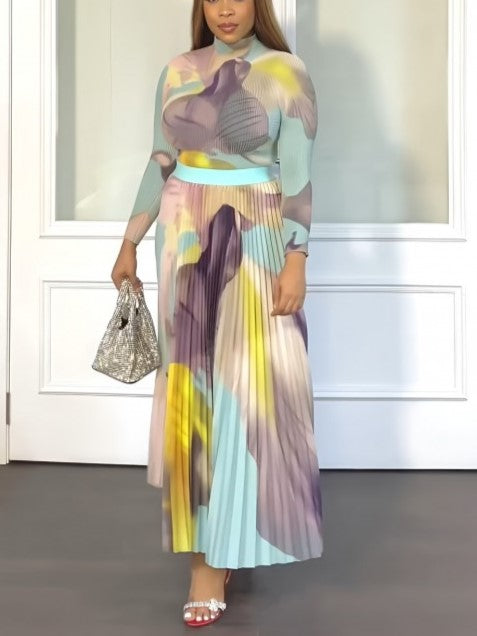 Smart Ruched Long Sleeve Top With Light Blue Skirt Set