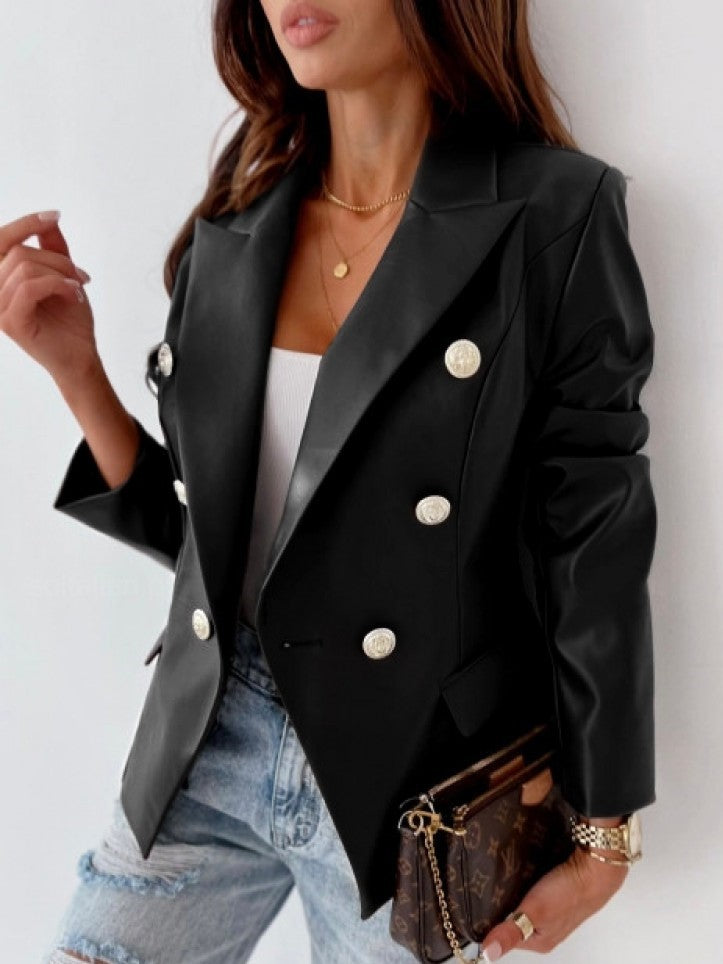 Smart Solid PU Fitted Black Coat