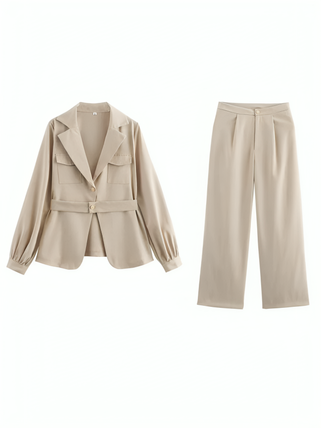 Smart Wear Puff Sleeve Blazer With Pants And Belt Suit Set