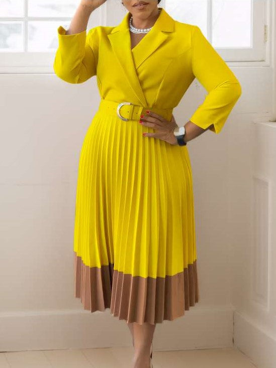 Smart Workwear Pleated Colorblock Long Sleeve Yellow Dress With Belt - Ships in 24 Hrs
