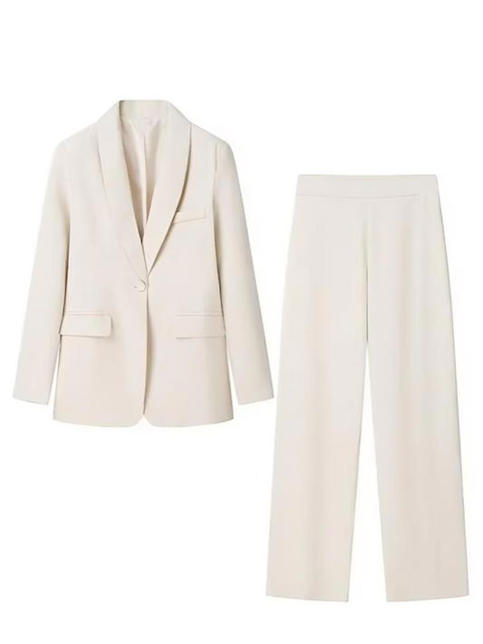 Sophisticated Formal Wear Long Blazer Beige Pants Suit Set