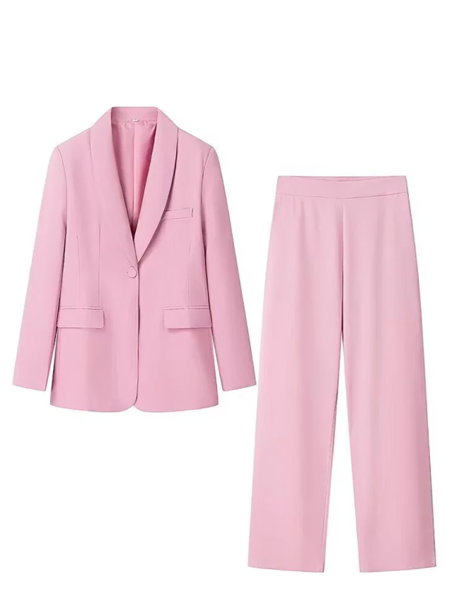 Sophisticated Formal Wear Long Blazer Pink Pants Suit Set