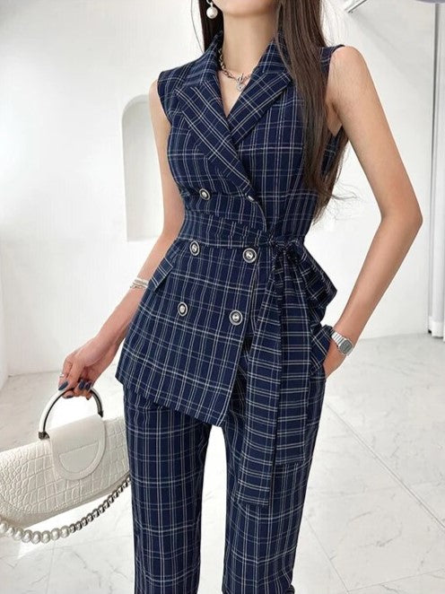 Sophisticated Plaid Double Breasted Pants Suit Set