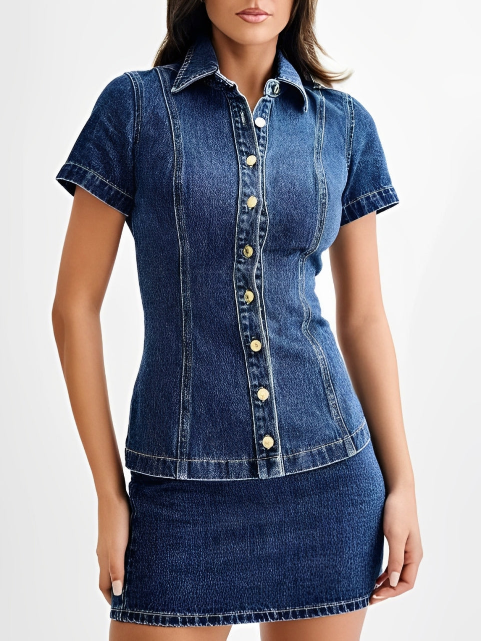 Stylish Denim Short Sleeve Fitted Skirt Set