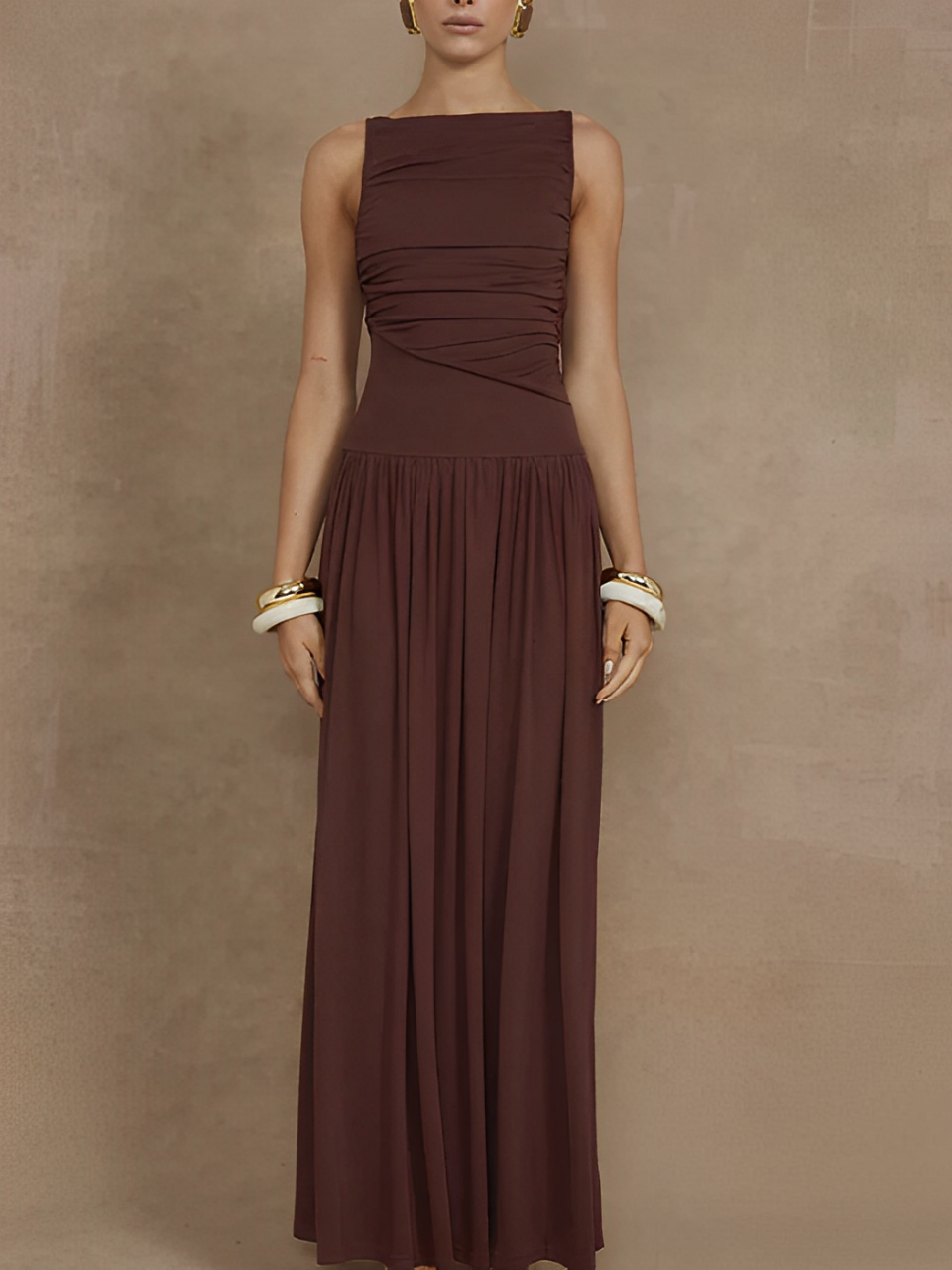 Stylish Ruched Brown Sleeveless Maxi Dress