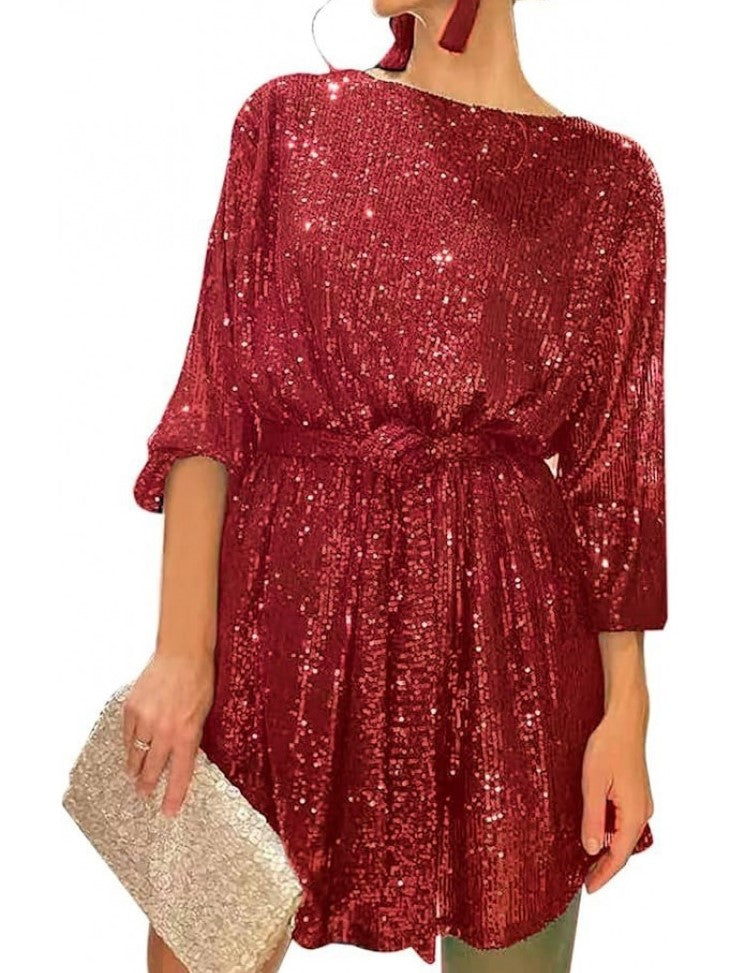 Stylish Sequin Loose Long Sleeve Dress