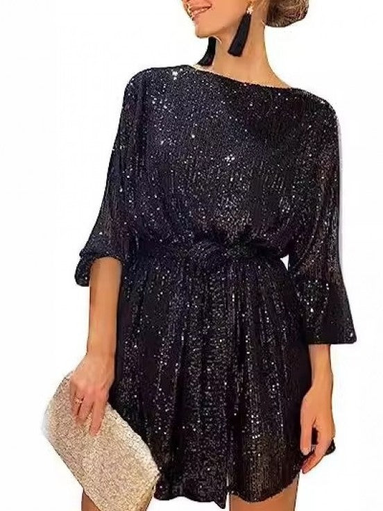 Stylish Sequin Loose Long Sleeve Dress