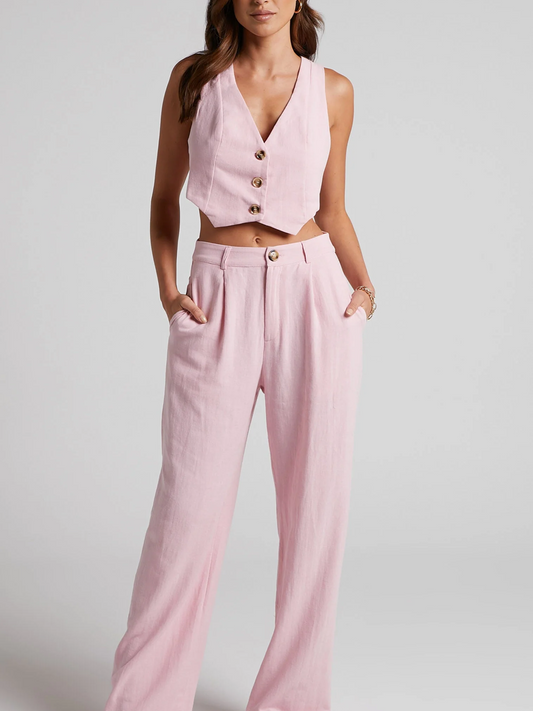 Summer Fashion Crop Waist Coat And Wide Leg Pink Pants Set