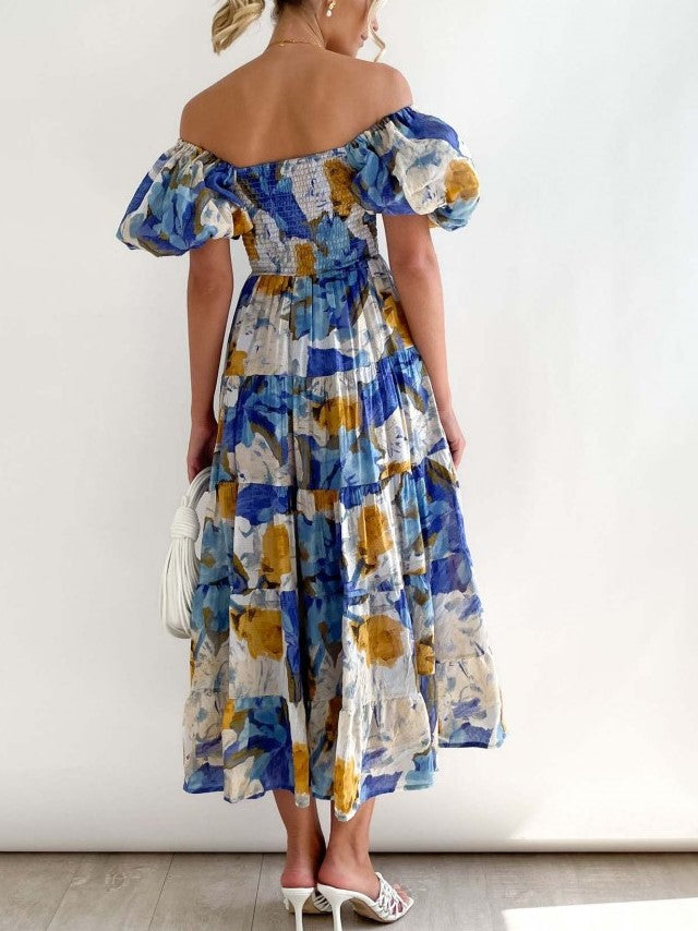 Summer Fashion Floral Boat Neck Blue Fitted Dress