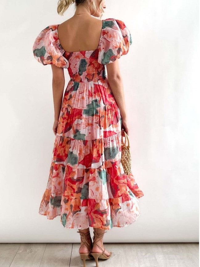 Summer Fashion Floral Boat Neck Red Fitted Dress