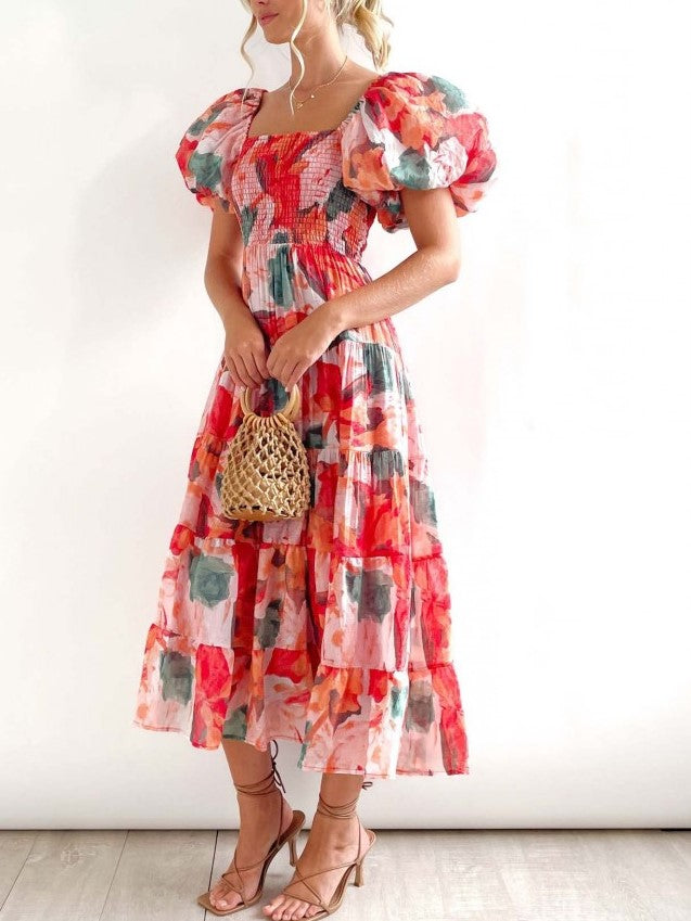 Summer Fashion Floral Boat Neck Red Fitted Dress