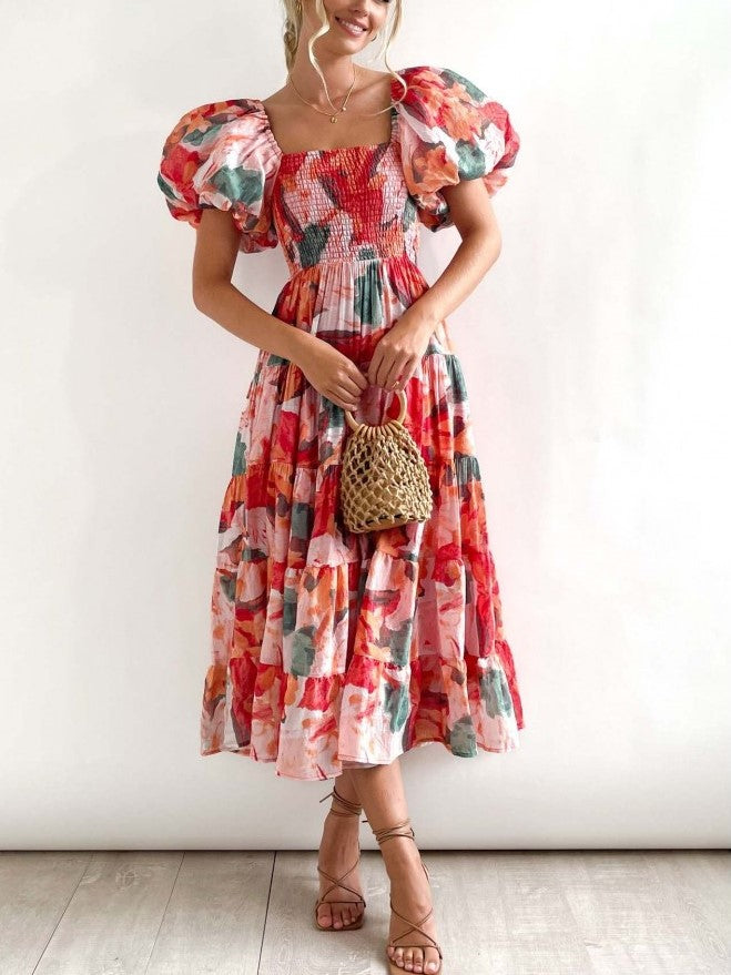 Summer Fashion Floral Boat Neck Red Fitted Dress