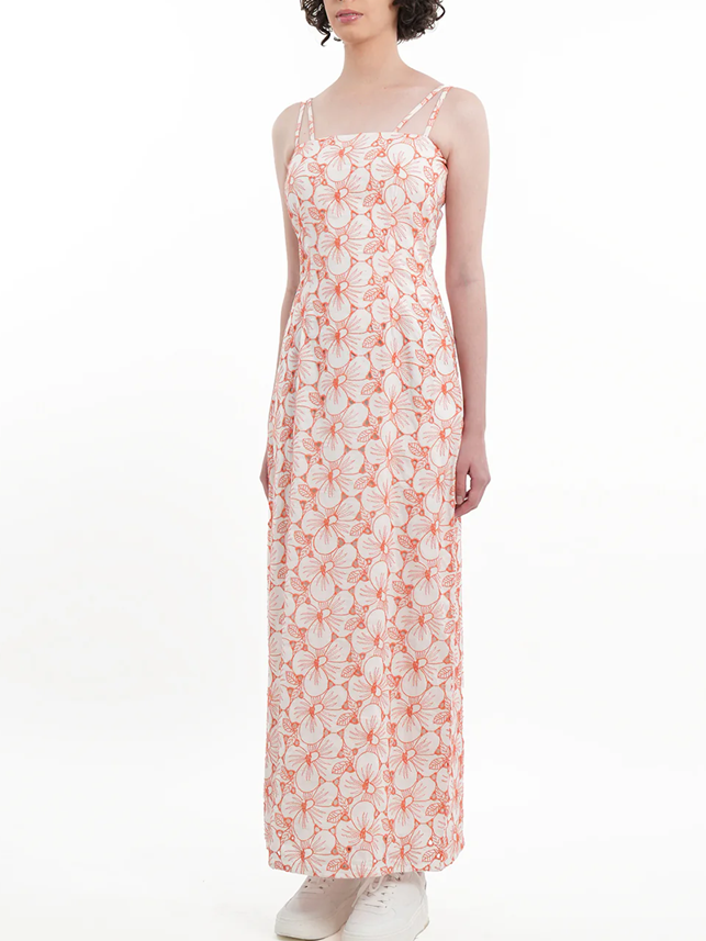 Summer Wear Peach Floral Eyelet Maxi Dress