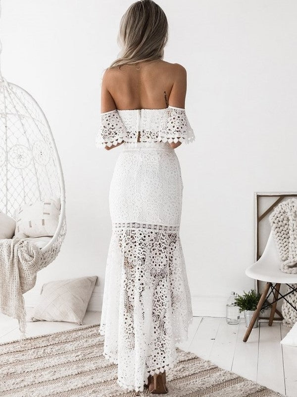 Super Stylish Backless Lace Top With Mermaid Skirt White Set - Ships in 24 Hrs