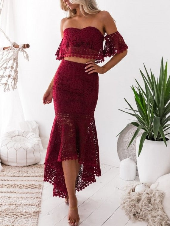Super Stylish Backless Lace Top With Mermaid Skirt Wine Red Set -