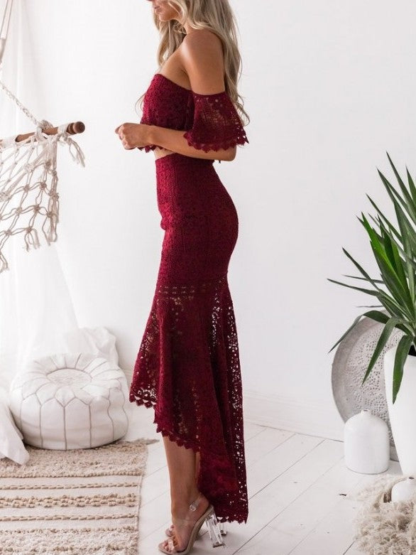 Super Stylish Backless Lace Top With Mermaid Skirt Wine Red Set -