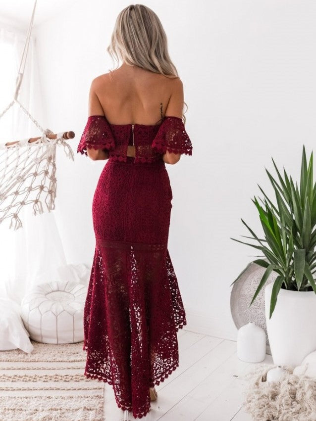 Super Stylish Backless Lace Top With Mermaid Skirt Wine Red Set -
