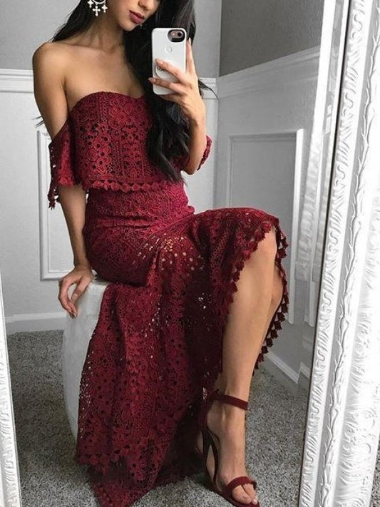 Super Stylish Backless Lace Top With Mermaid Skirt Wine Red Set -