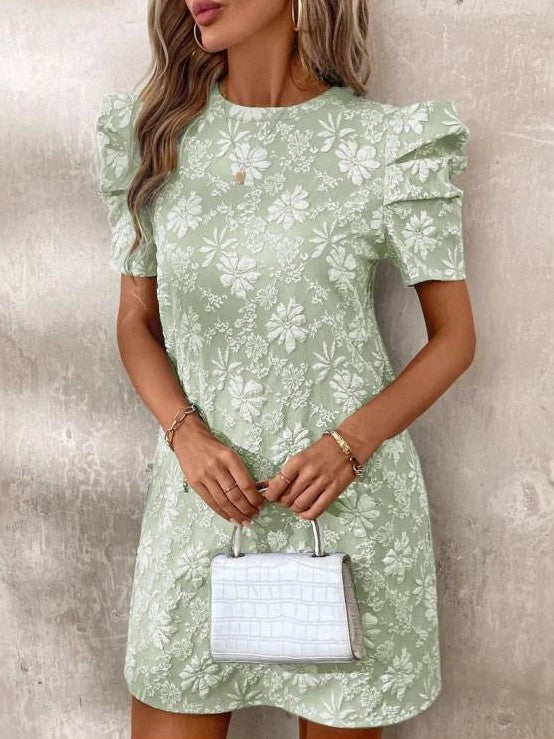 Sweet Floral Texture Puff Sleeve A Line Green Mini Dress - Ships in 24 Hrs