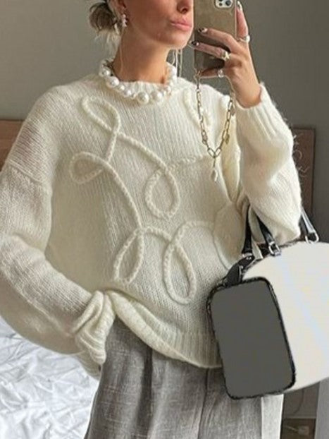 Sweet Winter Style Long Sleeve White Loose Sweater Top