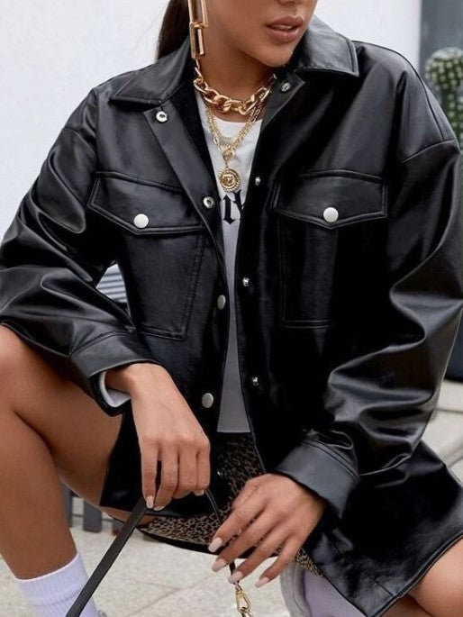 Trendsetting Lapel Button Up Black Shirt Jacket