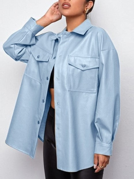 Trendsetting Lapel Button Up Blue Shirt Jacket