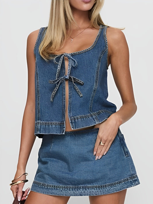 Trendy Lace Up Denim Vest Skirt Co ord Set