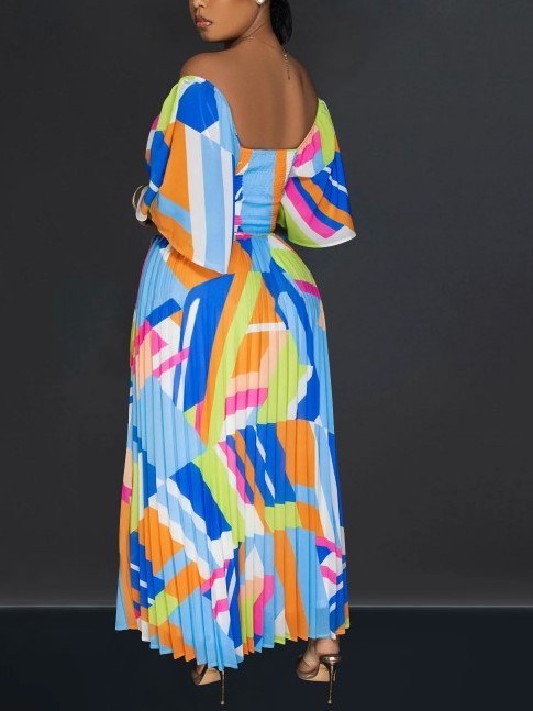Trendy Off The Shoulder Colorblock Blue Pleated Maxi Dress
