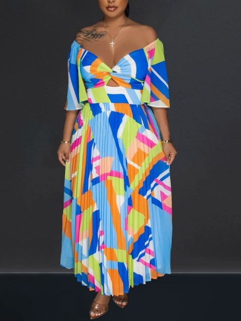 Trendy Off The Shoulder Colorblock Blue Pleated Maxi Dress
