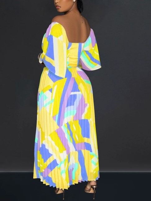 Trendy Off The Shoulder Colorblock Yellow Pleated Maxi Dress