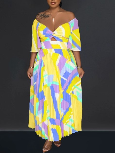 Trendy Off The Shoulder Colorblock Yellow Pleated Maxi Dress