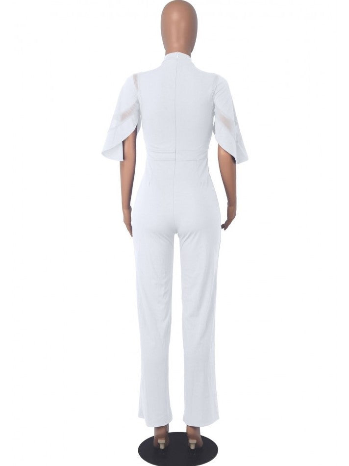 Trendy Zipper Patchwork Straight Leg White Jumpsuit