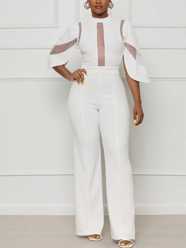Trendy Zipper Patchwork Straight Leg White Jumpsuit