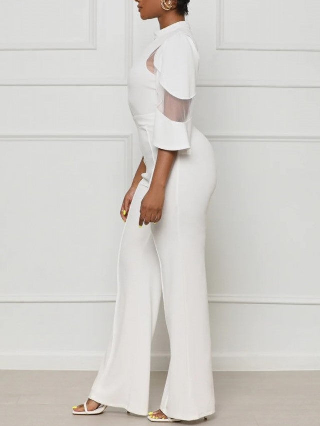 Trendy Zipper Patchwork Straight Leg White Jumpsuit