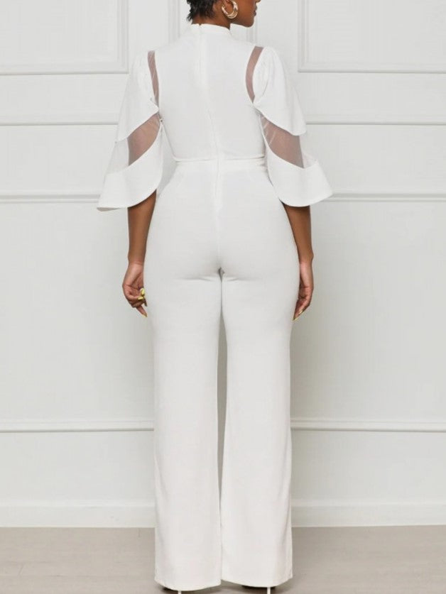 Trendy Zipper Patchwork Straight Leg White Jumpsuit
