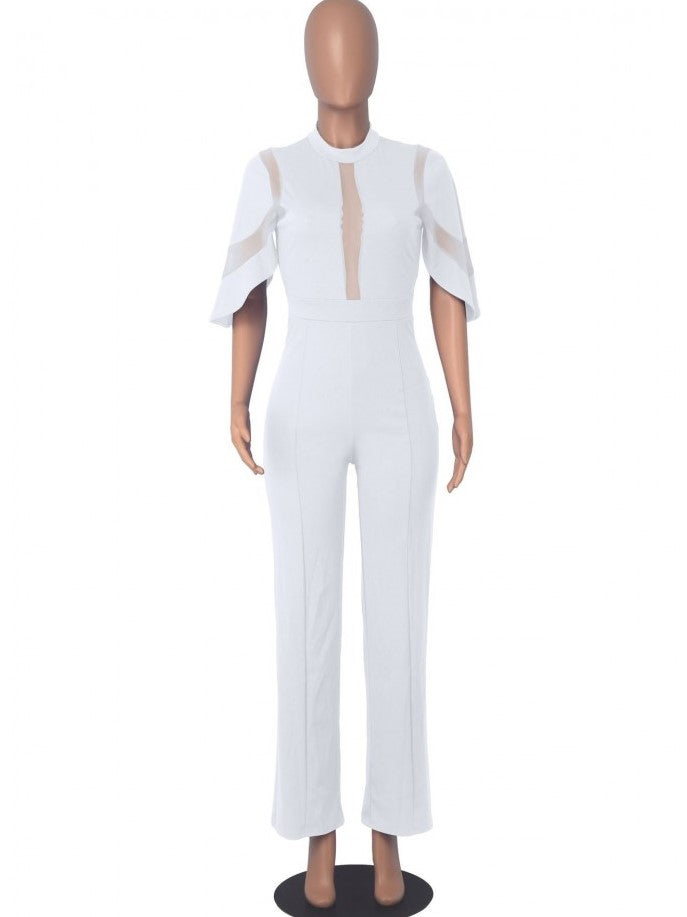 Trendy Zipper Patchwork Straight Leg White Jumpsuit