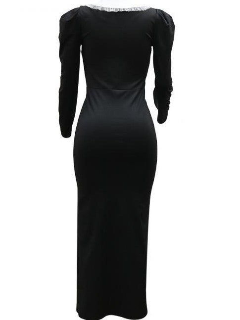 Trendy Colorblock Hem Split Doll Collar Long Sleeve Dress