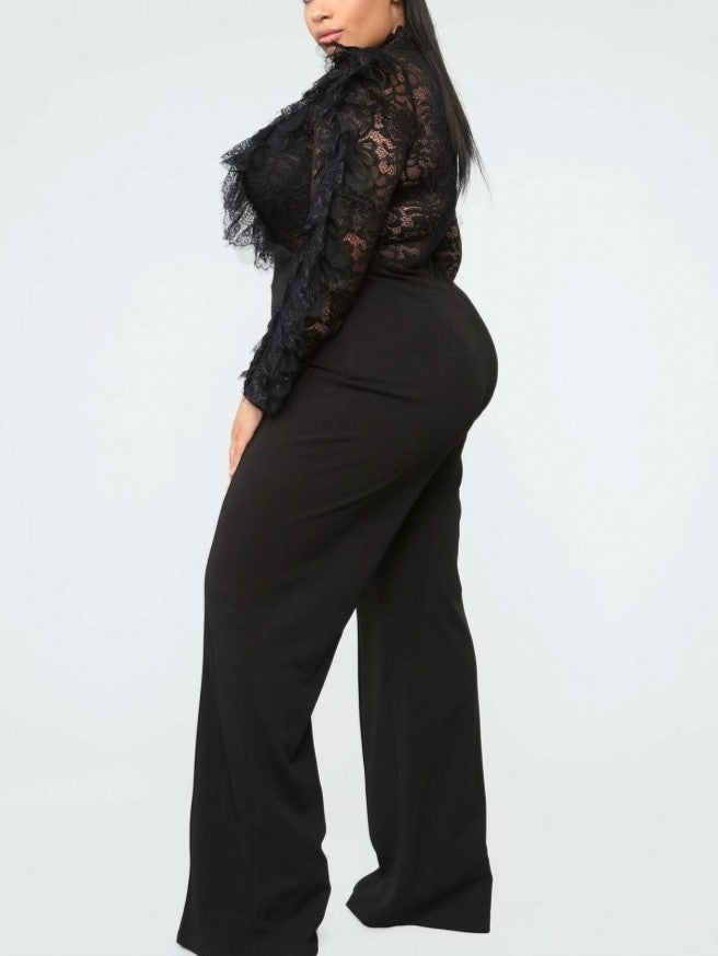 Ultramod See Through Lace Gauze Patchwork Solid Black Jumpsuit - Ships in 24 Hrs