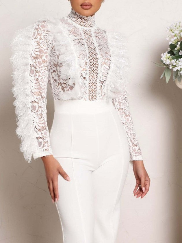 Ultramod See Through Lace Gauze Patchwork Solid White Jumpsuit