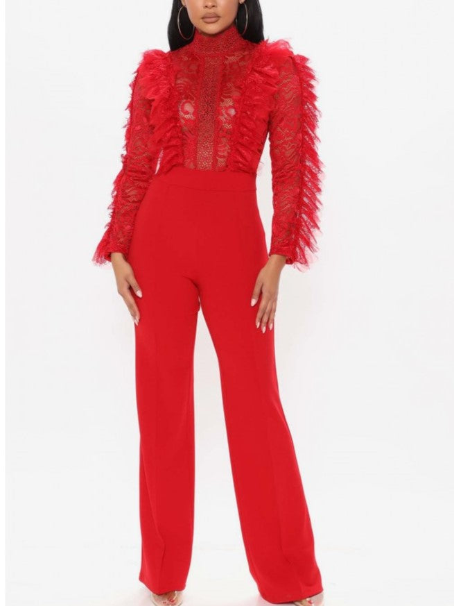 Ultramod See Through Lace Gauze Patchwork Solid Red Jumpsuit