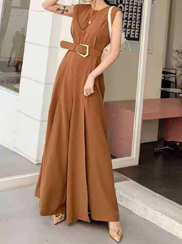 Ultramod Sleeveless Wide Leg Split Brown Jumpsuit