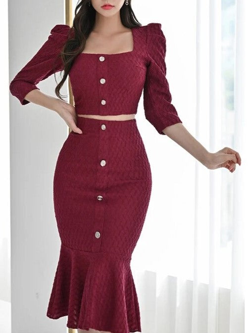 Unique Crop Top With Mermaid Skirt Wine Red Set