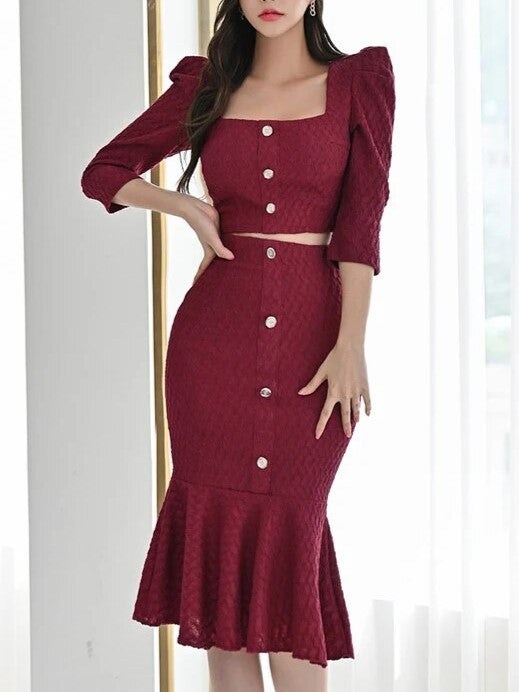 Unique Crop Top With Mermaid Skirt Wine Red Set