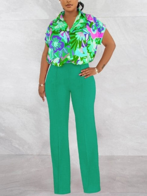 Vibrant Printed Shirt With Pants Green Set - Ships in 24 Hrs