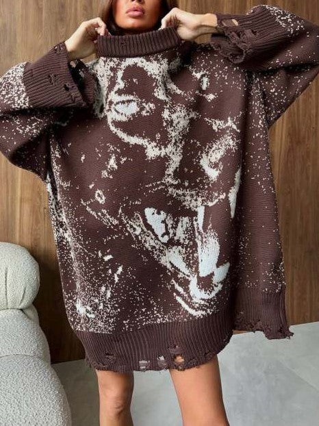 Winter Essential Abstract Print Ripped Long Sleeve Pullover Crewneck Sweater