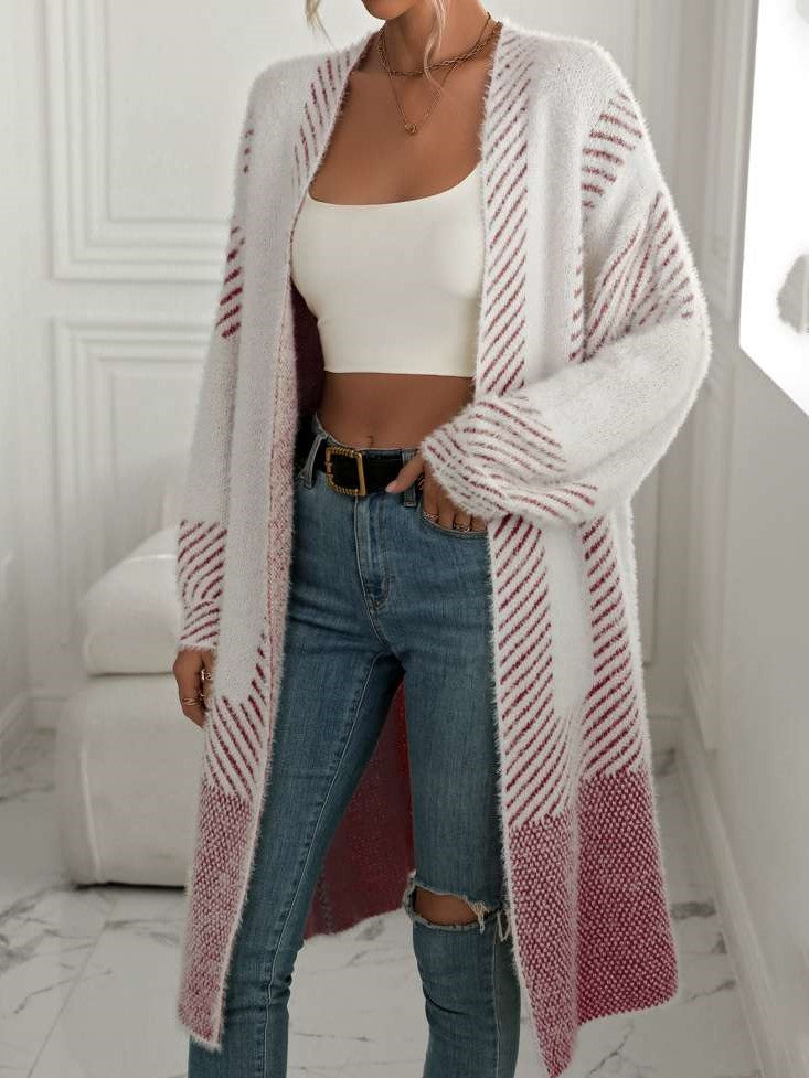 Winter Fashion Geometric Pattern Long Sleeve Burgundy Cardigan